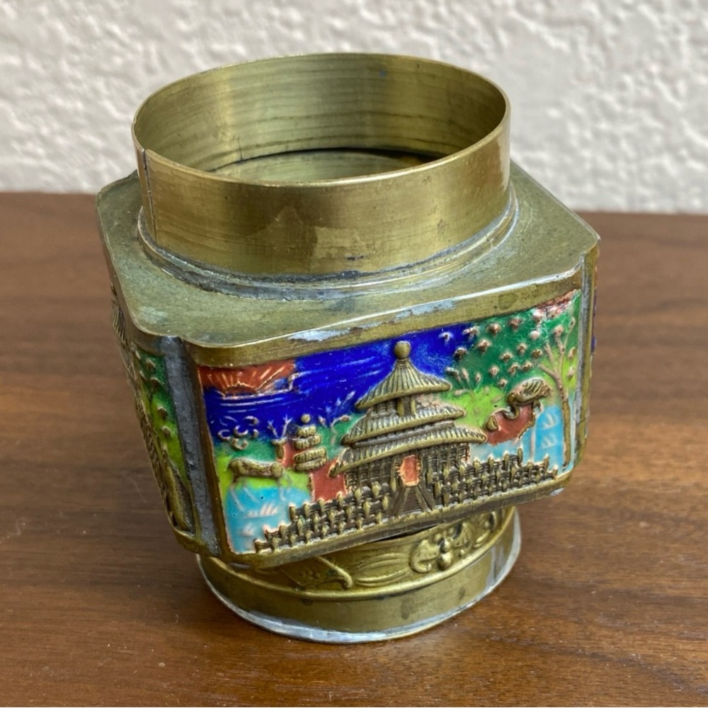 Antique Vintage Cloisonne Enamel on Brass Chinese trinket box Canister No Lid
